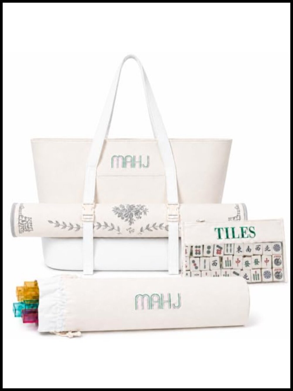 4-in-1 Mahjong Tote Bag Set with Tile Pouch & Rack Protector, Canvas Linen